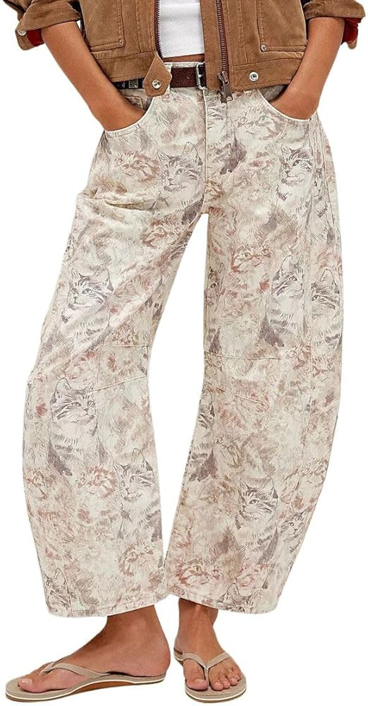 chouyatou Women's Y2k Baggy Wide Leg Denim Pants Boho Floral Printed Boyfriend Barrel Jeans with ... | Amazon (US)