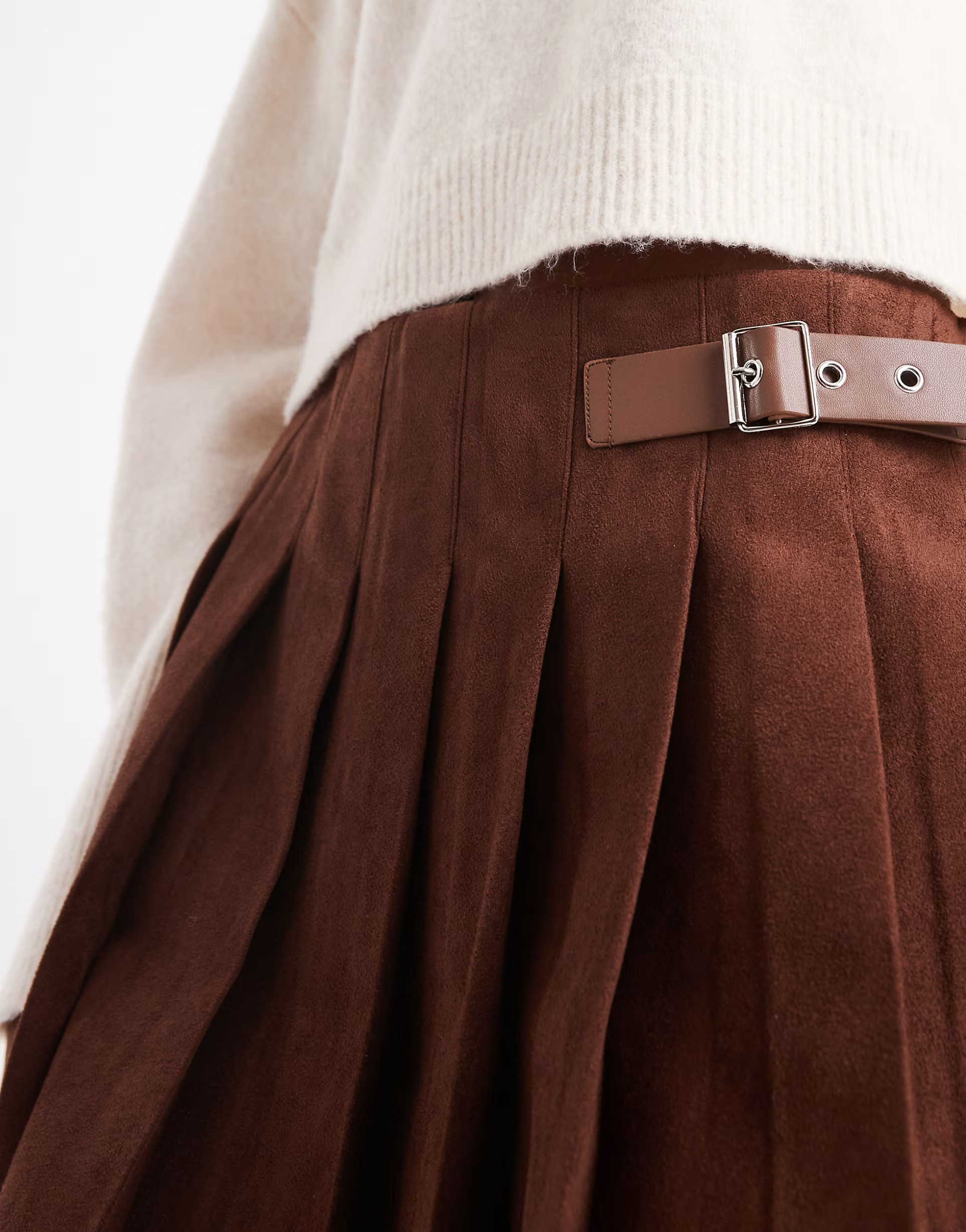 ASOS DESIGN faux suede buckle detail pleated mini skirt in brown | ASOS (Global)