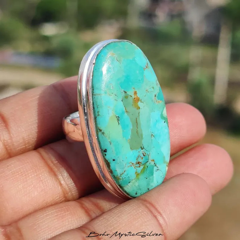 Kingman Arizona Turquoise Full Finger Ring, Sterling Silver Big Oval Gemstone, Boho Statement Jew... | Etsy (Global)