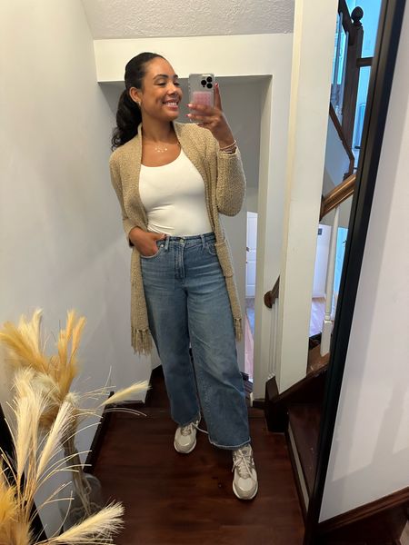 Fall outfit inspo: white tank, cute cardigan and flattering mom jeans paired with my must have sneakers 

#LTKsalealert #LTKSeasonal #LTKxMadewell