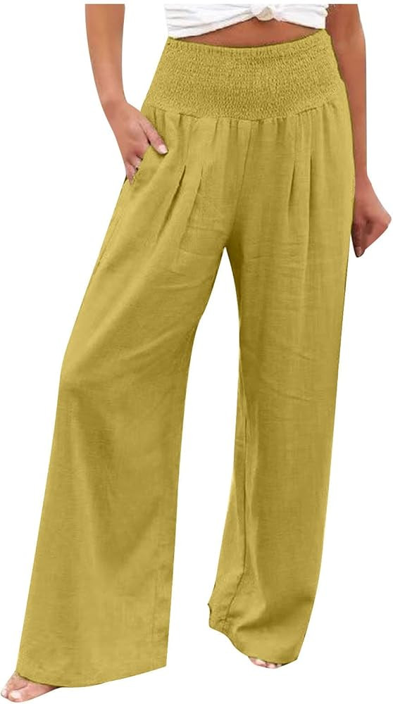 Pantalones bohemios de lino para mujer, pantalones casuales de pierna ancha, pantalones de playa ... | Amazon (US)
