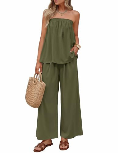 ZESICA Women's Summer 2 Piece Sets 2026 Spring Casual Strapless Tube Top Wide Leg Pants Ruffle Beach Vacation Outfits ArmyGreen Medium | Amazon (US)
