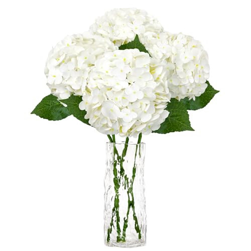 VUAHAUL 4 PCS Real Touch White Hydrangea Artificial Flowers 20.5", Latex Large Faux Hydrangeas Fake Flowers with Stems Leaves for Family Table Wedding Bouquets Party Centerpieces Home Decor in Vase | Amazon (US)