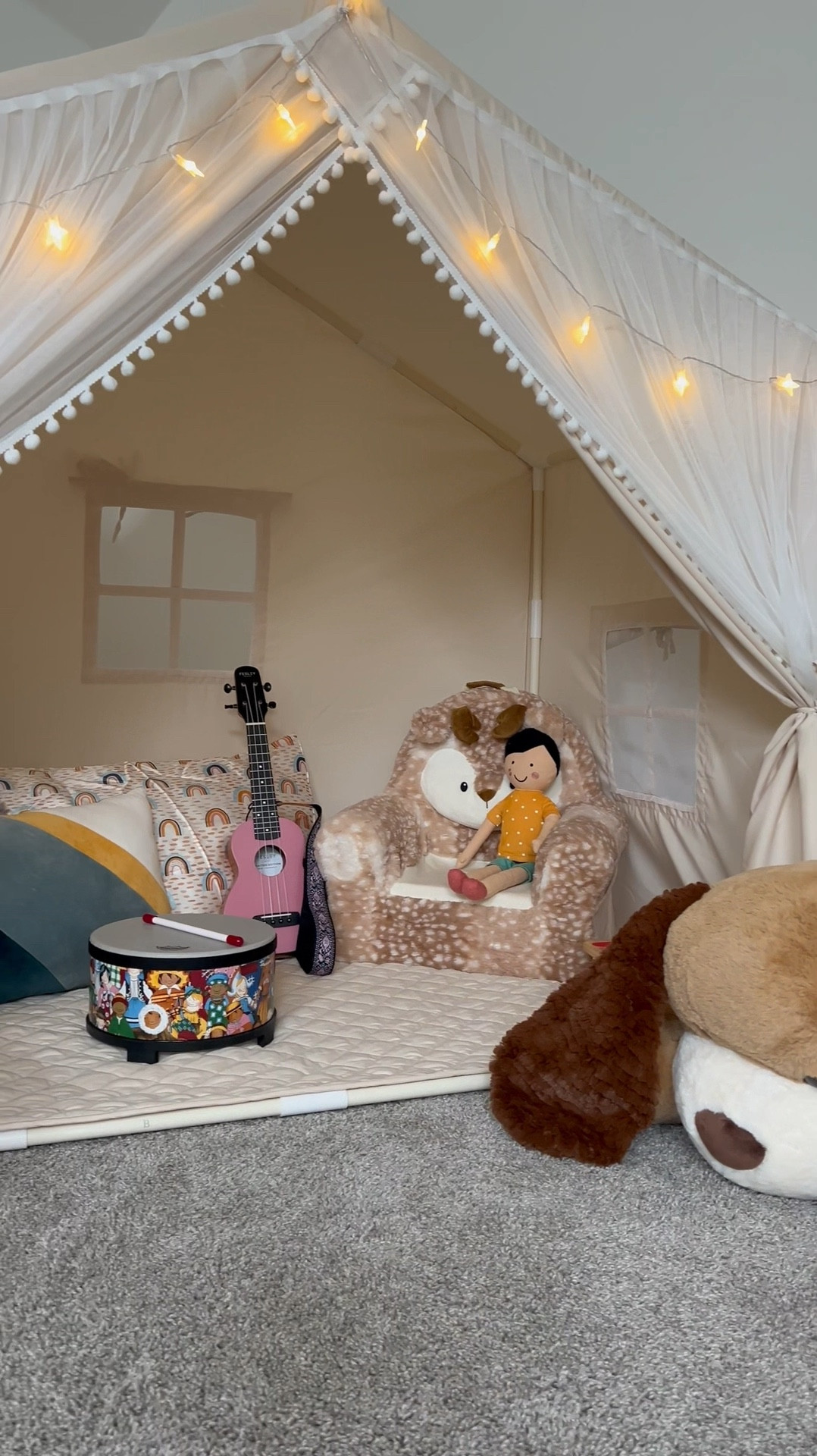 We got this sweet little tent for our kiddos last Christmas and they adore it! The curtains can tie back and the window covers roll up and down. For reference, my kids are now 4 1/2 and nearly 3 years old. Also sharing a few of their other favorite toys in our play room.🧸 

#LTKHome #LTKKids #LTKFamily