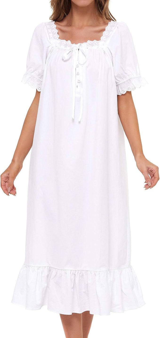 Lu's Chic Women's Victorian Nightgown Cotton Sleepwear Long Loungewear Short Sleeve Vintage | Amazon (US)