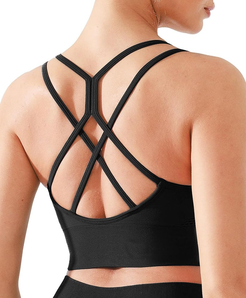 BRXL Strappy Ruched Sports Bra for Women Breathable Seamless Criss Cross Back Light Support Unpad... | Amazon (US)