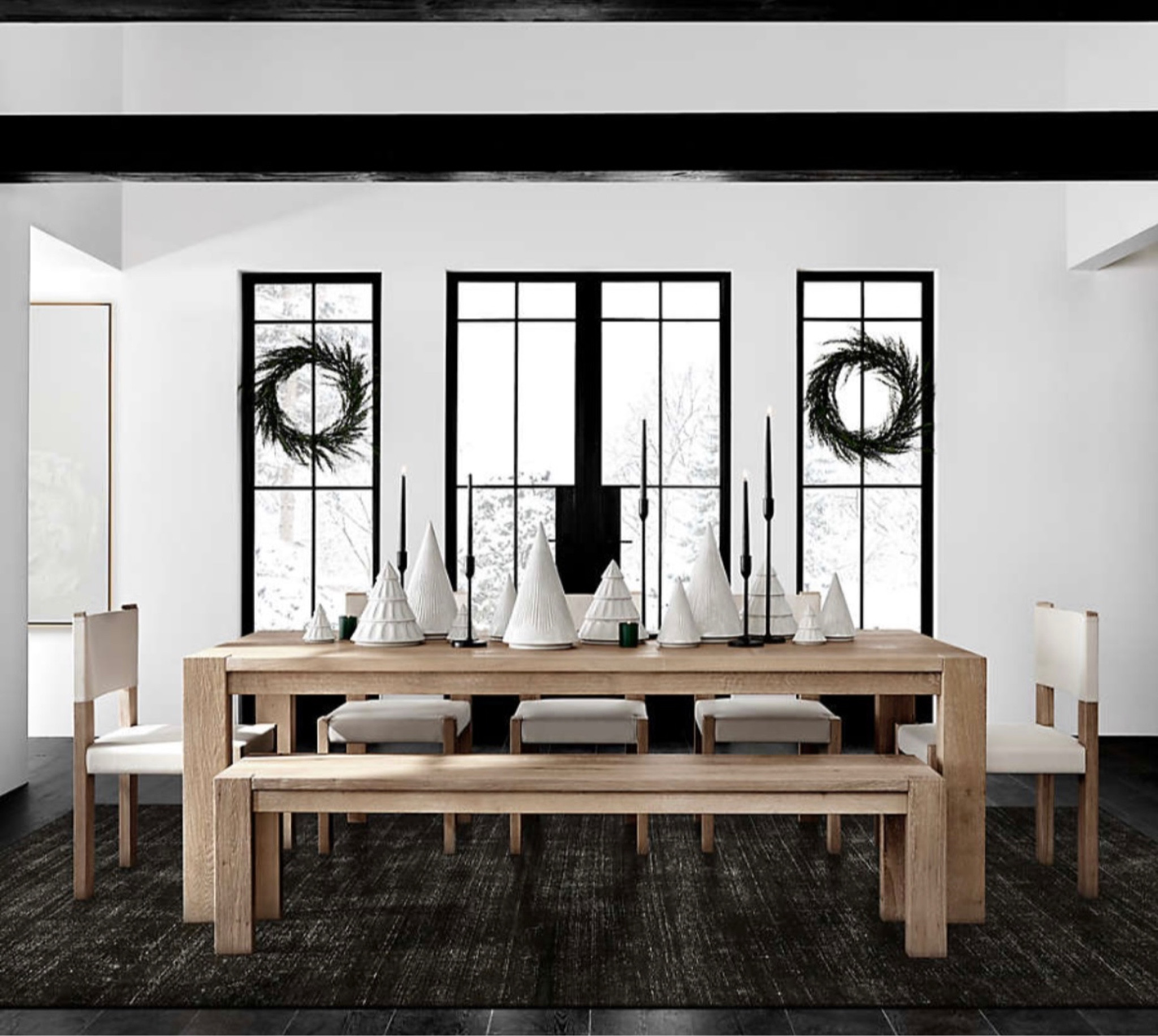Embrace the warmth of home this holiday season with this inviting setup. Gather around our Solid White Oak Dining Table, the heart of your celebrations. The table is adorned with charming White Ceramic Christmas Trees and Black Tapered Candlesticks, creating an enchanting centerpiece that radiates holiday spirit. Gaze out the window to see Wreaths hanging, a symbol of the comfort and joy of being home during the festive season. Make this year's holidays truly special with these heartwarming touches that turn your home into a haven of happiness. 

#LTKHoliday #LTKhome #LTKSeasonal