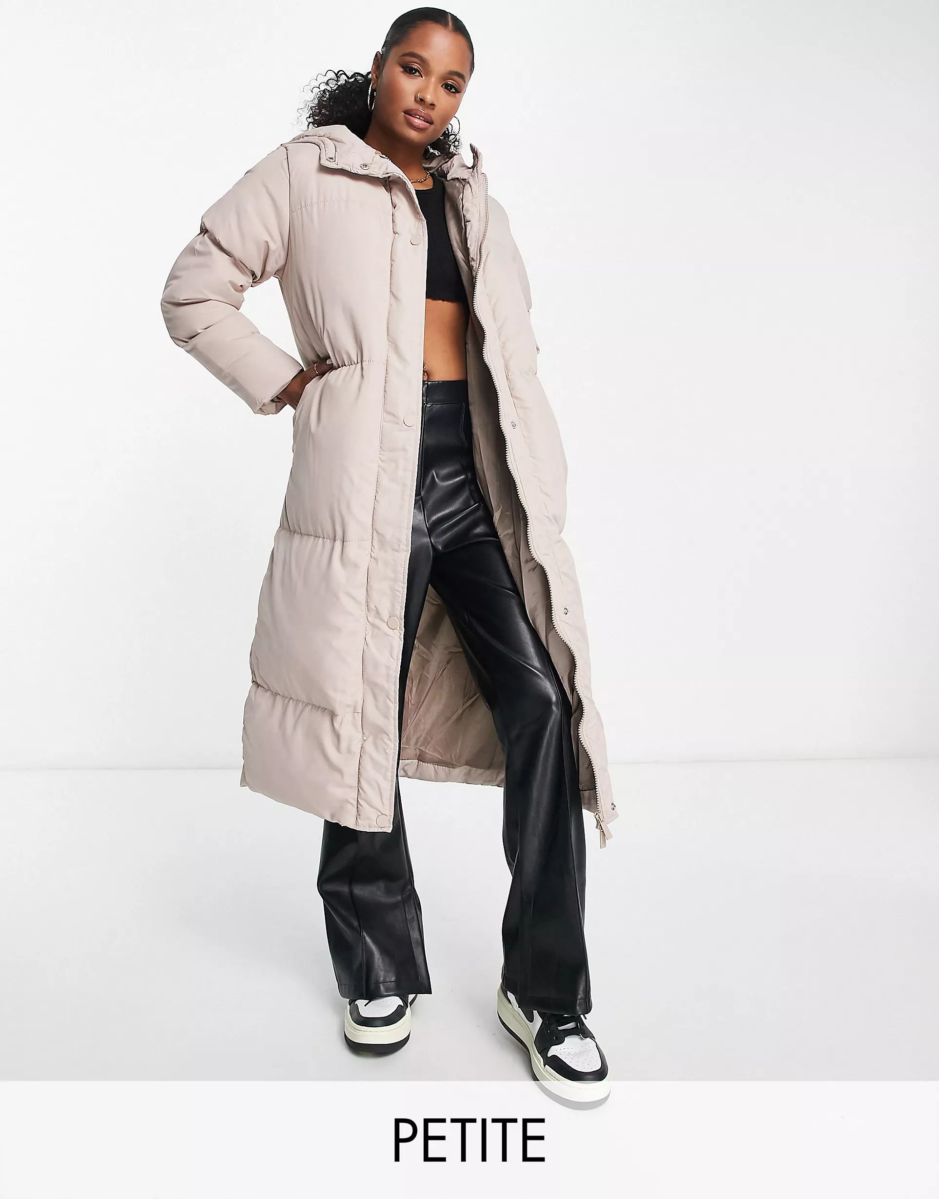 Threadbare Petite Jodie maxi puffer coat with hood in taupe | ASOS (Global)