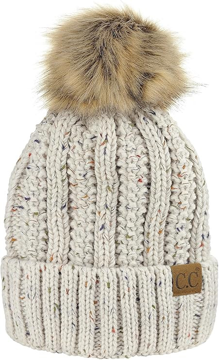 C.C Thick Cable Knit Faux Fuzzy Fur Pom Fleece Lined Skull Cap Cuff Beanie | Amazon (US)