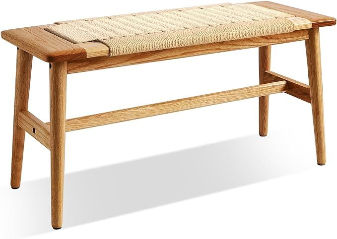 Solid Oak Wood Bench,Hand Woven Chair Surface Design,Solid Structure of Chair Legs,Bedroom Bench/... | Amazon (US)