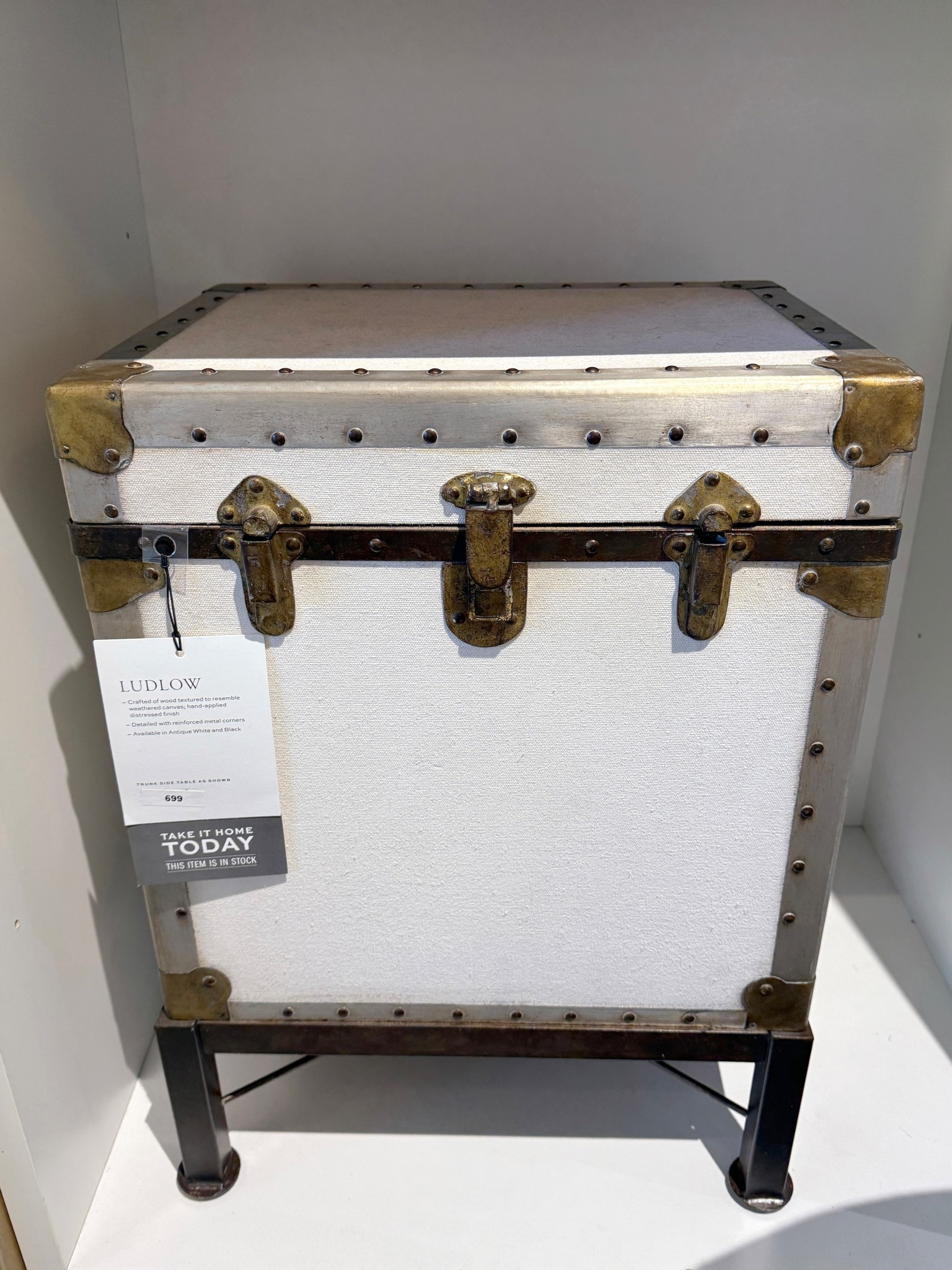 Vintage character with a practical twist. 🤍 The Ludlow Rectangular Trunk End Table from Pottery Barn doubles as a side table and hidden storage, finished with canvas-inspired texture, metal corners, and classic nailhead detail. One of those pieces that instantly makes a room feel more collected! Linked this trunk and a few similar vintage-style finds. ☺️ #sidetable #vintagestyle #potterybarn 

#LTKGiftGuide #LTKHome #LTKSaleAlert