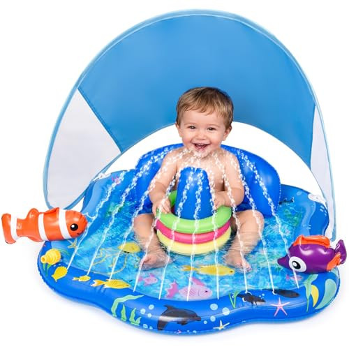 Baby Pool Float with Sprinkler, Inflatable Baby Splash Pad with Stackable Rings Game, Baby Splash Mat with Canopy & Backrest for Toddlers Garden, Beach, Backyard and Bathroom (Blue) | Amazon (US)