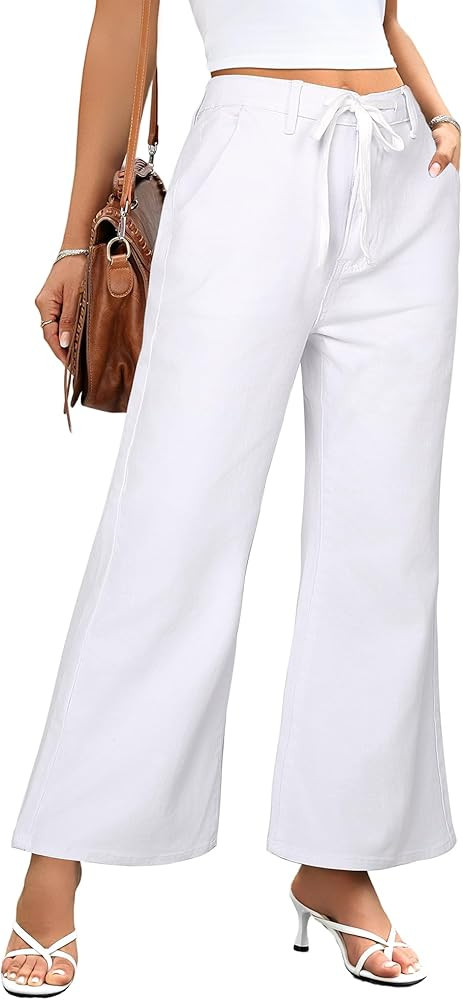 HDLTE Wide Leg Jeans Woman High Waisted Trendy Pull On Elastic Waist Drawstring Stretchy Denim Je... | Amazon (US)