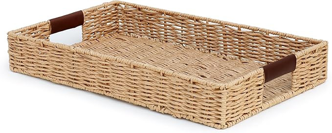 Handwoven, Multipurpose Rectangle Rattan Tray, 20" x 12" – Durable Wicker Tray with Leather Han... | Amazon (US)