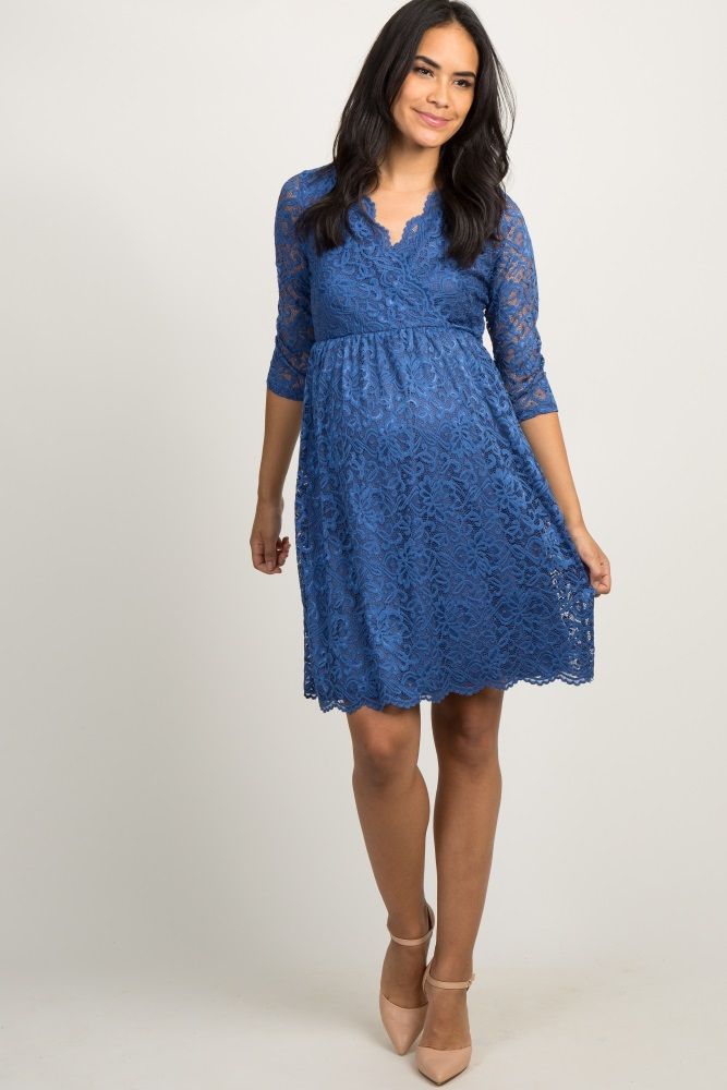 PinkBlush Blue Lace Overlay Maternity Wrap Dress | PinkBlush Maternity