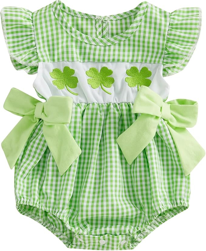 St Patricks Day Baby Girl Outfit Newborn Shamrock Smocked Bubble Romper Bow Plaid Bodysuit Summer... | Amazon (US)