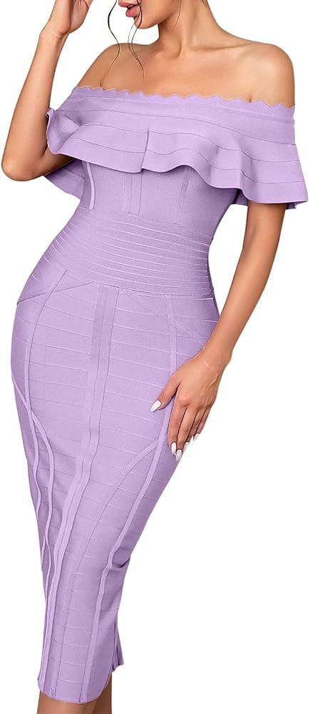 Off Shoulder Bandage Dresses for Women Wedding Guest Party Midi Formal Gowns Evening Dress | Amazon (US)