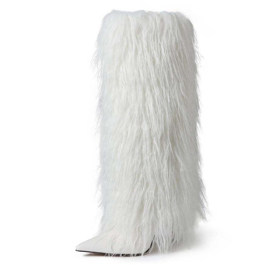 Womens Furry Boots Knee High Fold Over Tall Boot Wide Calf Pointed Toe Stiletto High Heel Fall Wi... | Amazon (US)