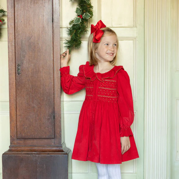 Elizabeth Blackwell Dress Crimson Needlecord with Gold Coin Hand Smocking | Smock London Ltd