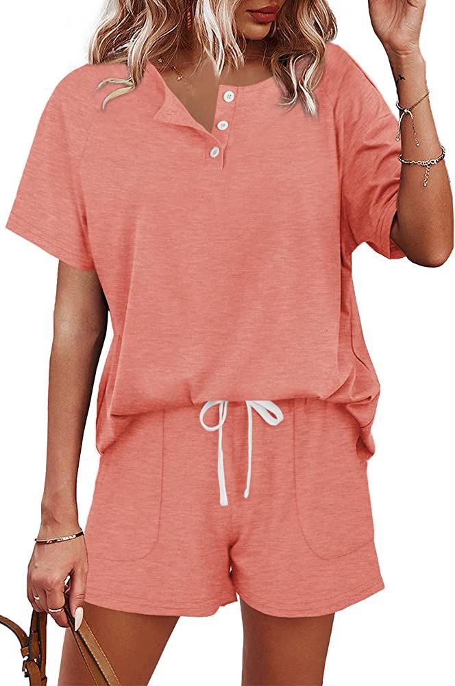 WIHOLL Two Piece Outfits for Women Lounge Sets Button Down Top and Shorts Set Sweatsuits with Pocket | Amazon (US)