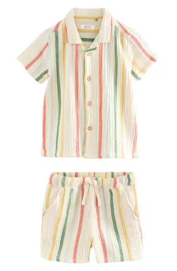 NEXT Kids' Stripe Cotton Seersucker Camp Shirt & Drawstring Shorts Set in Neutral at Nordstrom Rack, Size 5-6Y | Nordstrom Rack