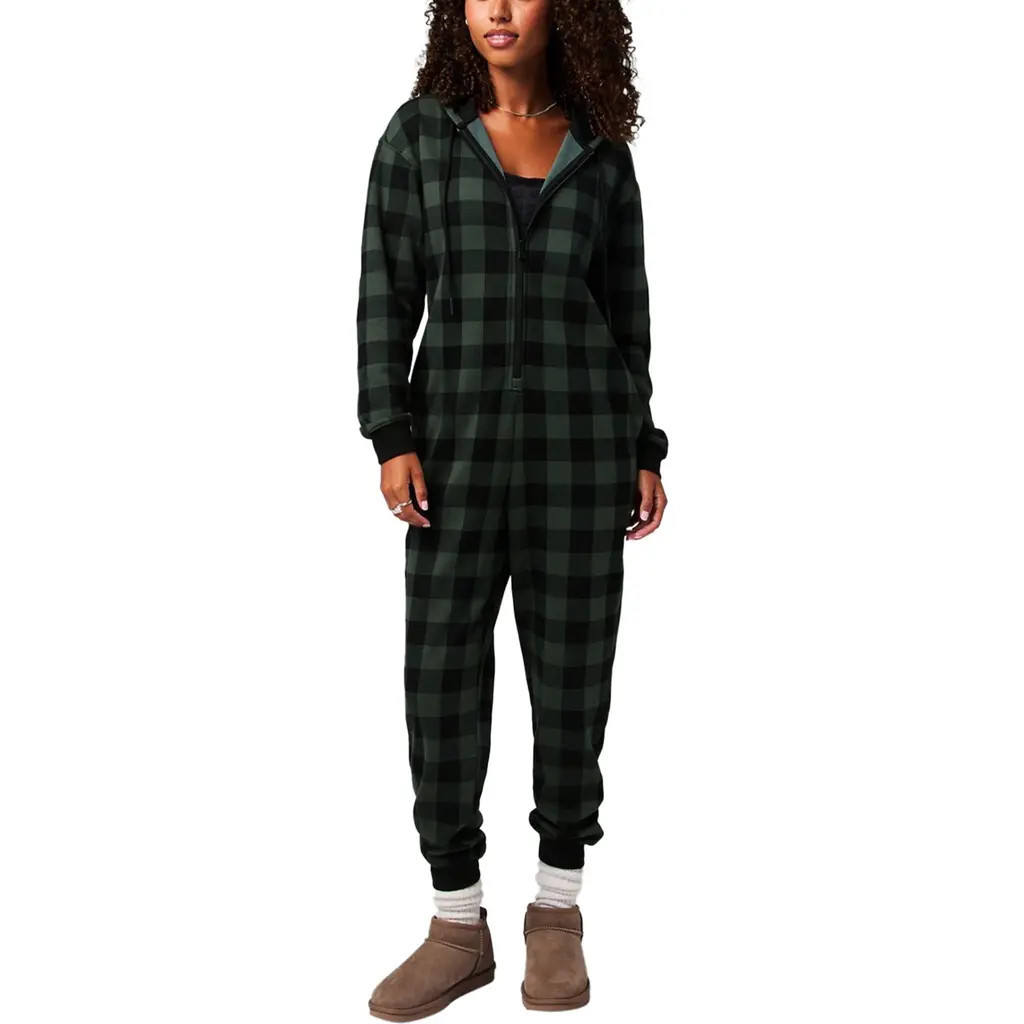Fabletics Women's Cozy Fleece Hooded Jumpsuit in Pine Shadow Buffalo Check at Nordstrom, Size Small | Nordstrom