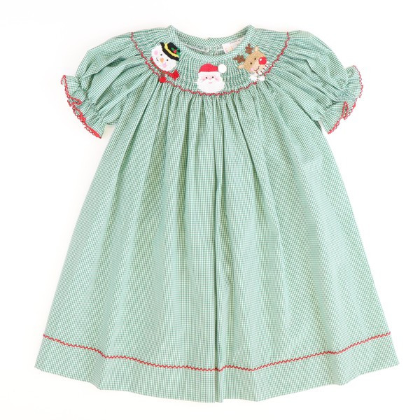 Smocked Christmas Friends Bishop - Christmas Green Micro-Gingham | Southern Smocked Co.