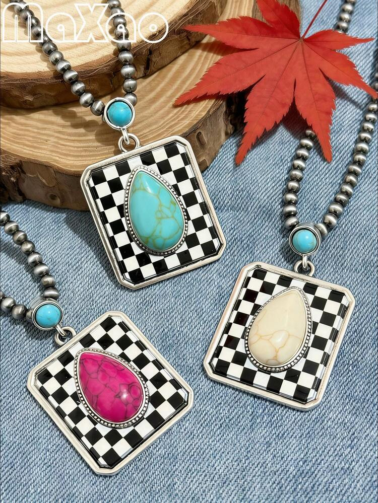 Women's American Checkerboard Turquoise Water Drop Pearl Necklace, Featuring A Square Black And W... | SHEIN