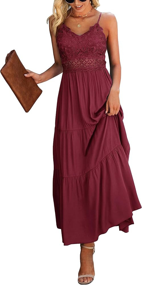 Dokuritu Women's Beach Crochet Lace Maxi Dress Solid Color Summer Vacation Spaghetti Strap Long D... | Amazon (US)