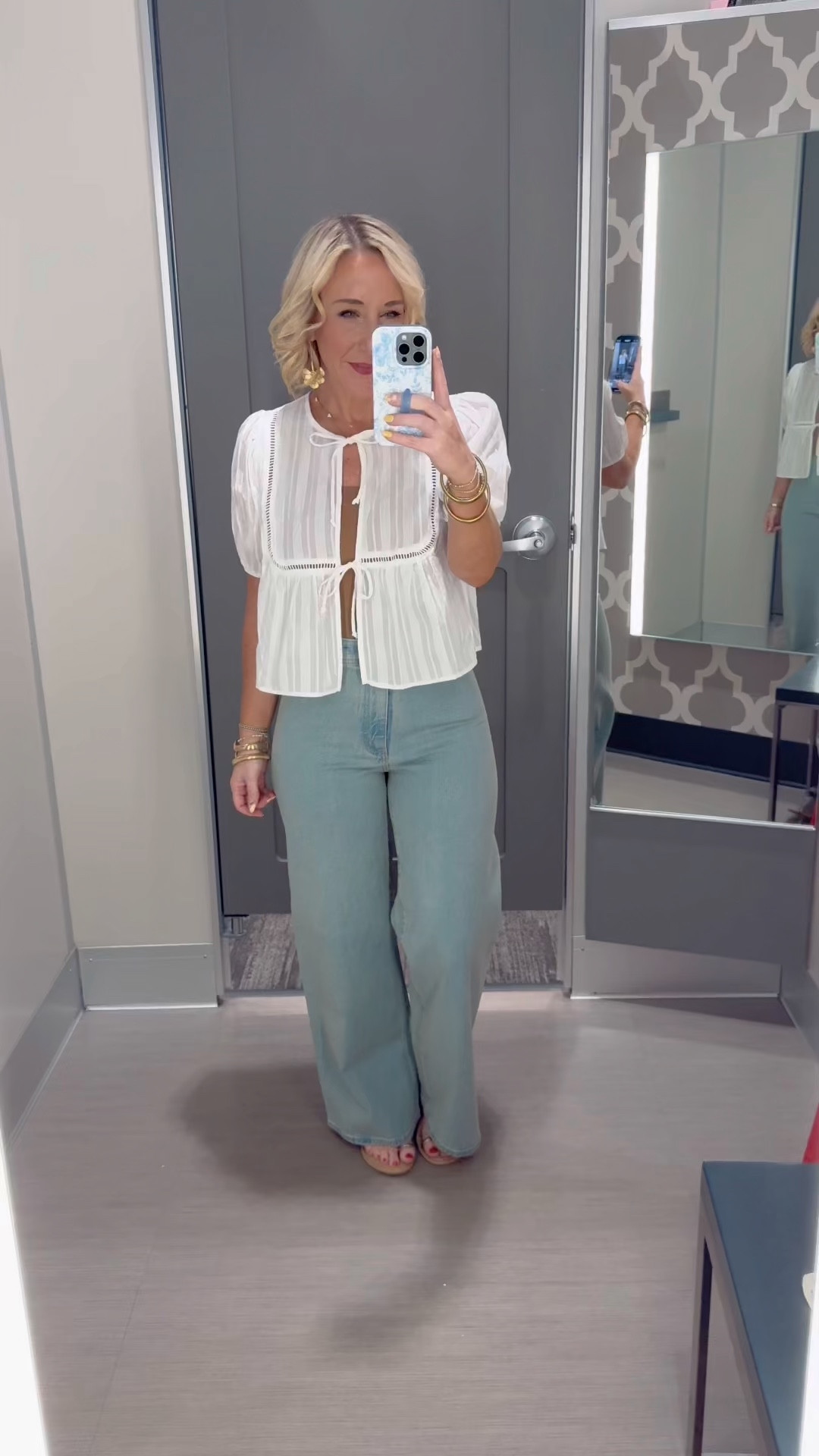 Target in store try-on (tops & bottoms): 
• White tie front top - size medium. 
• Sailor jeans - size 4.

#LTKSeasonal #LTKPetite #LTKFindsUnder50