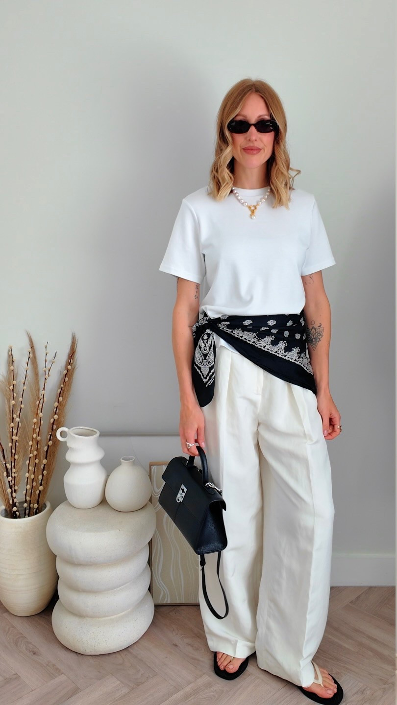 White t shirt - wardrobe basics - linen trousers - white trousers - silk scarf - silk scarves - silk scarf styling - flip flops - summer outfit 

#LTKspring #LTKuk #LTKsummer