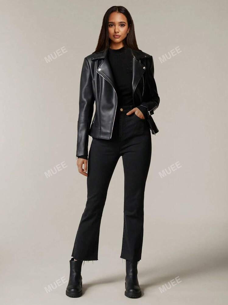 1pc Women's Plain Zip-Up PU Leather Jacket With Stand Collar, Long Sleeve | SHEIN