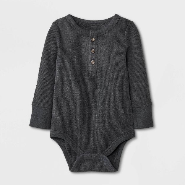 Baby Boys&#39; Henley Thermal Long Sleeve Bodysuit - Cat &#38; Jack&#8482; Charcoal Gray 6-9M | Target