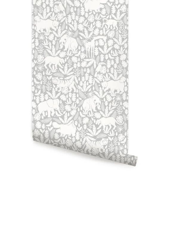 Jungle Animals Pattern Cool Grey Peel & Stick Fabric Wallpaper - Etsy | Etsy (US)