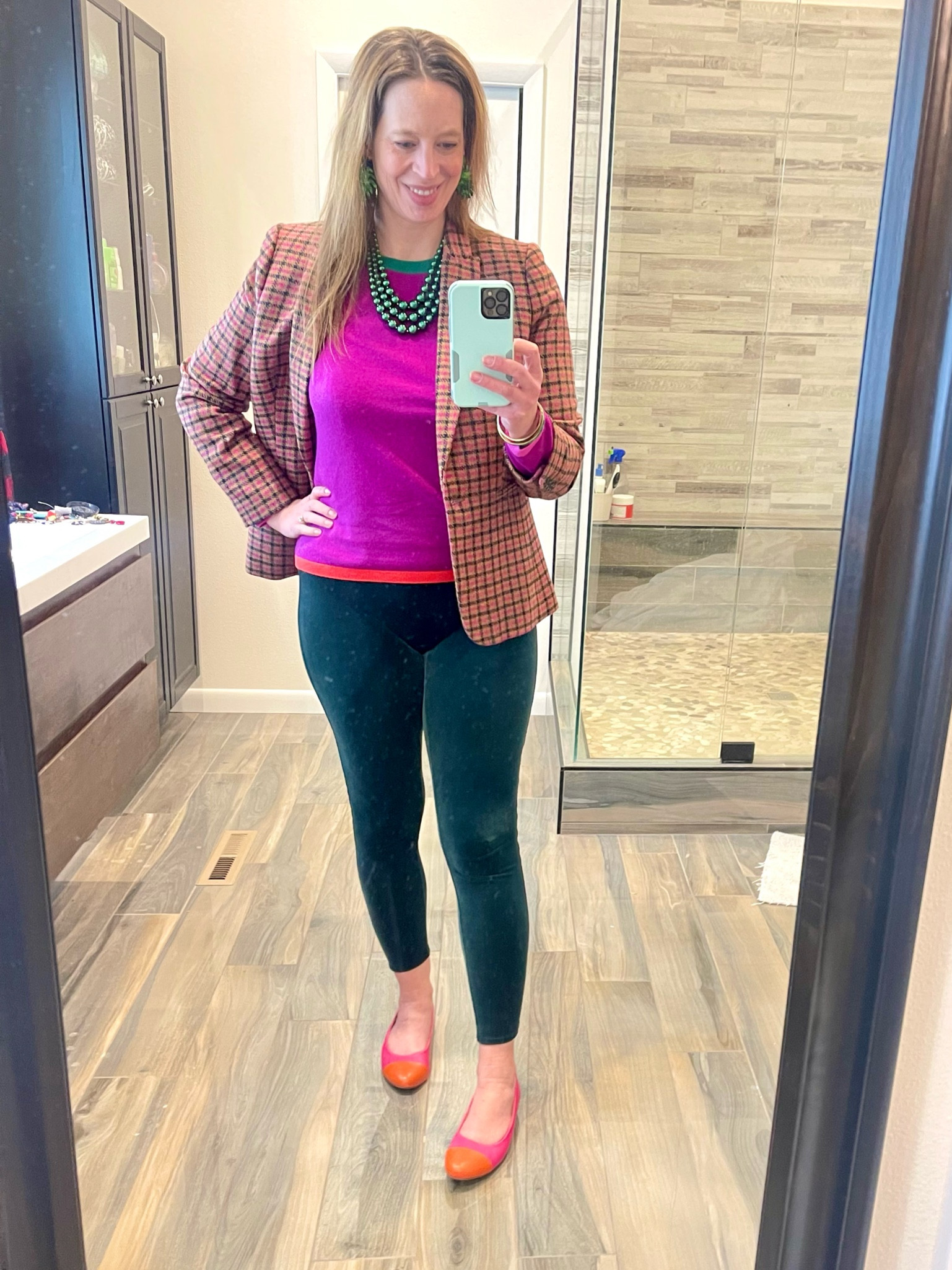 Green velvet leggings, pink cashmere sweater, and orange and pink leather color block mini wedge shoes. 

#LTKSeasonal #LTKshoecrush #LTKworkwear