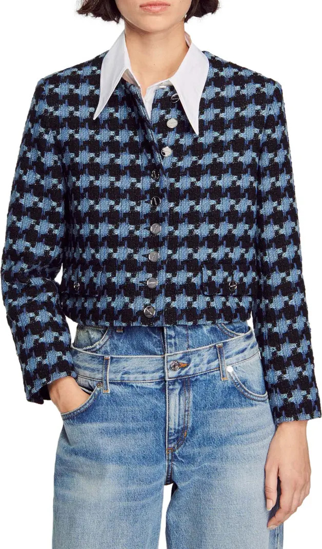 sandro Boulogne Houndstooth Tweed Crop Jacket | Nordstrom | Nordstrom