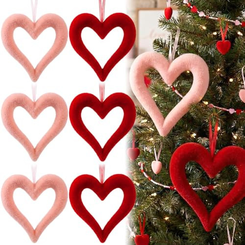 Lineshading 6 Pcs Large Heart Ornaments for Valentines 10'' 3D Glitter Heart Hanging Ornament for Tree Wreath Door Home Window Valentine's Day Wedding Holiday Decor(Red and Pink,Flocked) | Amazon (US)