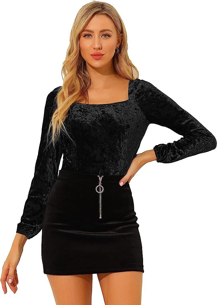 Allegra K Women Velvet Long Sleeve Square Neck Blouse Large Black at Amazon Women’s Clothing st... | Amazon (US)
