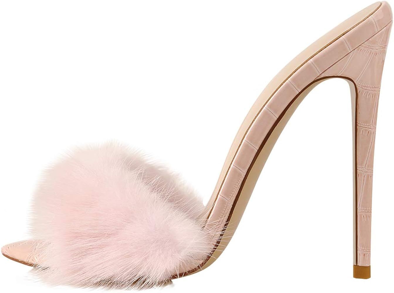Richealnana Women's Fur Fluffy Mules Slip On High Heels Sandals | Amazon (US)