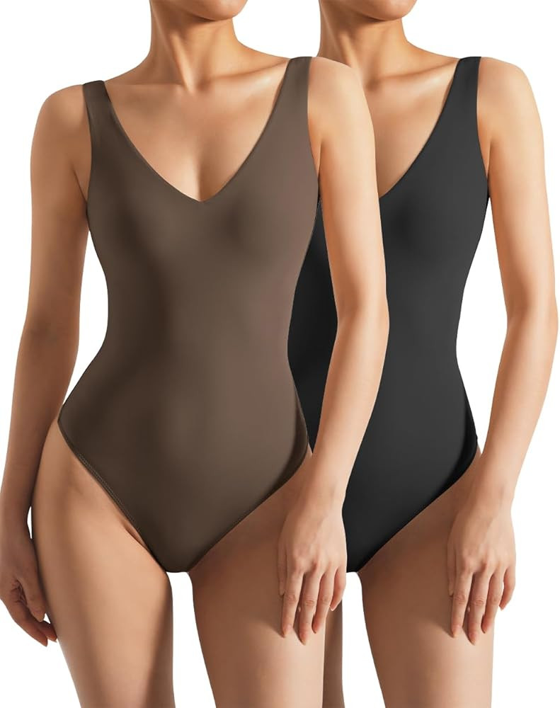 SUUKSESS Women 2 Piece Thong Bodysuit Sexy V Neck Backless Sleeveless Tank Tops | Amazon (US)