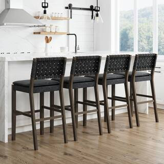 Cohen 29 in. Wood Mid-Century Faux Leather Counter Height Bar Stool, with Woven Back for Kitchen, Black, Set of 4 | The Home Depot