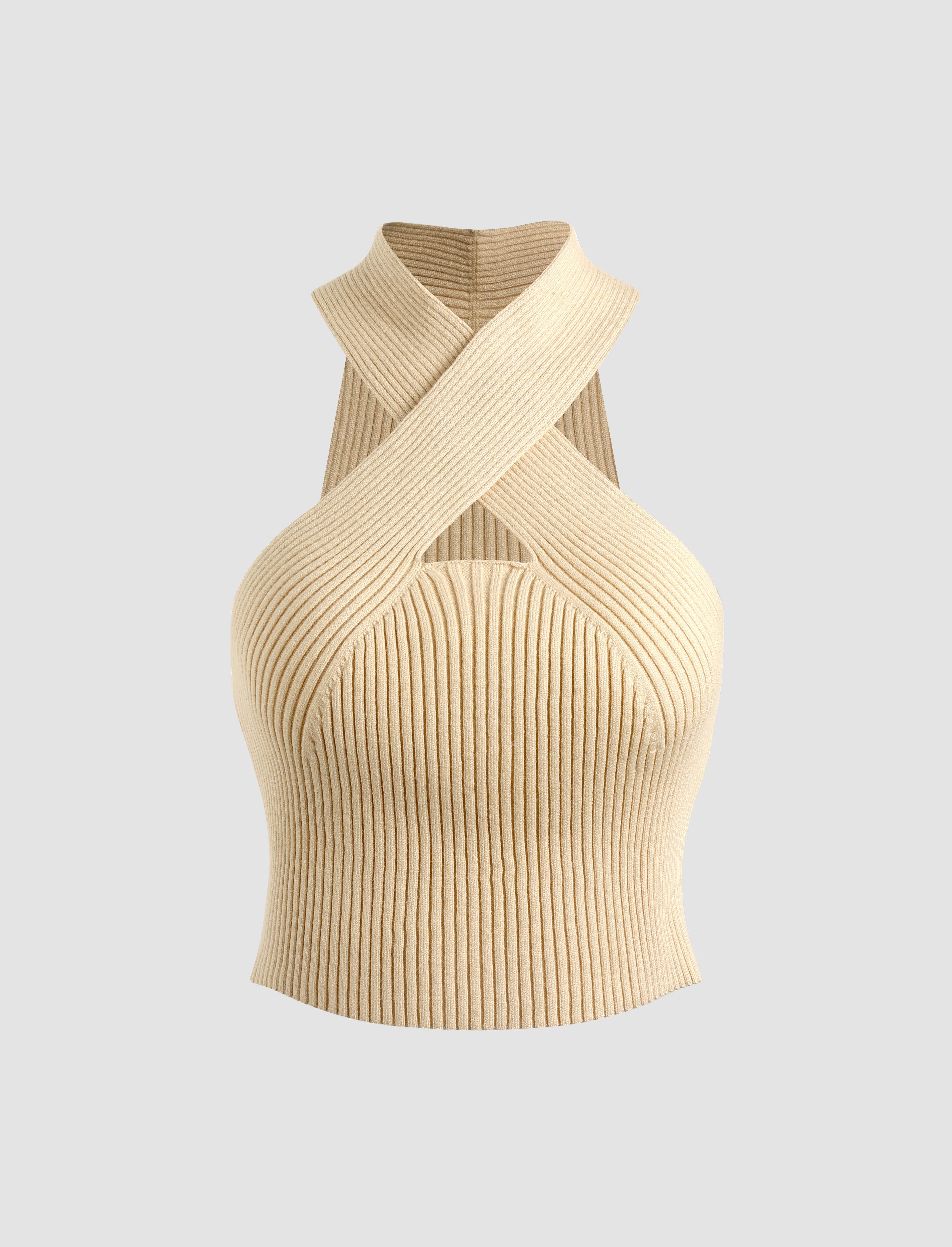 Beige Rib Cross Halter Top - Cider | Cider