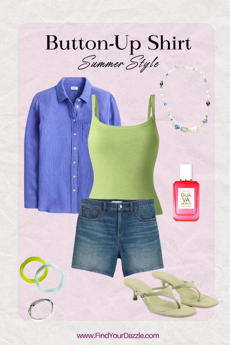 Easy summer outfit idea with a button up shirt, tank top, thong kitten heels and denim shorts.