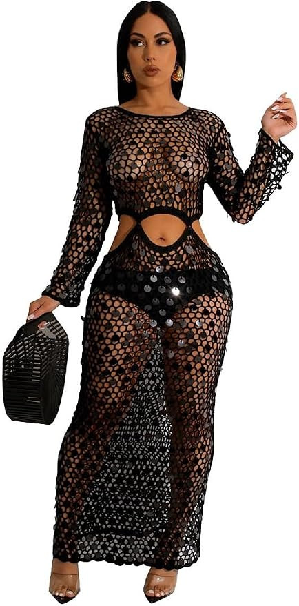 RanRui Women Sexy Long Sleeve Sequin Crochet Maxi Dress Cold Tummy Beach Cover Handmade Knitted H... | Amazon (US)