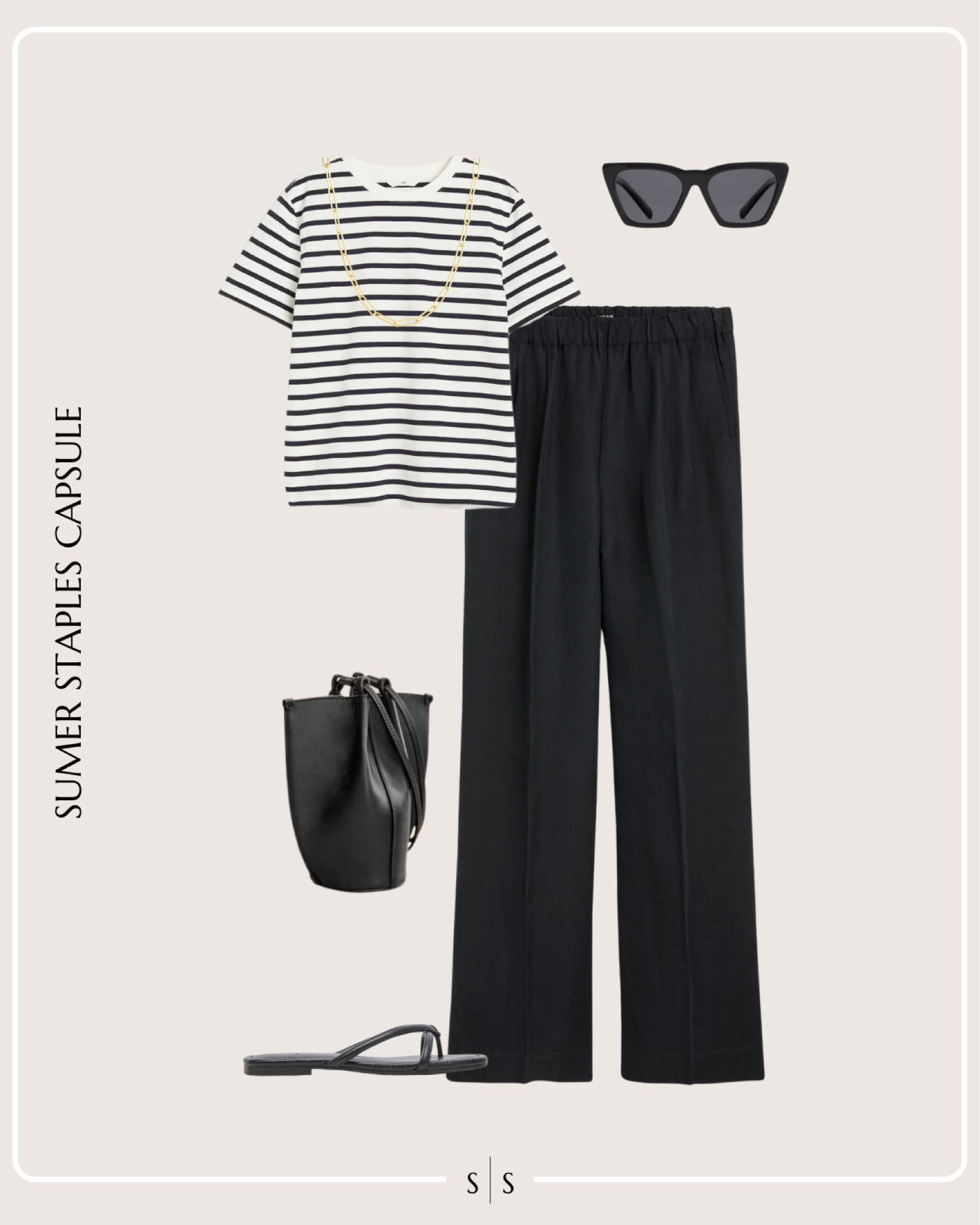 Summer Staples Capsule Wardrobe outfit idea | black linen pants, striped tee, black slide sandal, mini bucket bag, sunglasses 

See the entire Summer Staples Capsule Wardrobe on thesarahstories.com ✨ 


#LTKStyleTip