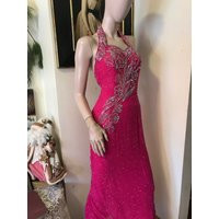 Vintage 90S Dramatic Hot Pink Sequins Beads Silk Bombshell Full Length Halter Holiday Column Dress G | Etsy (US)