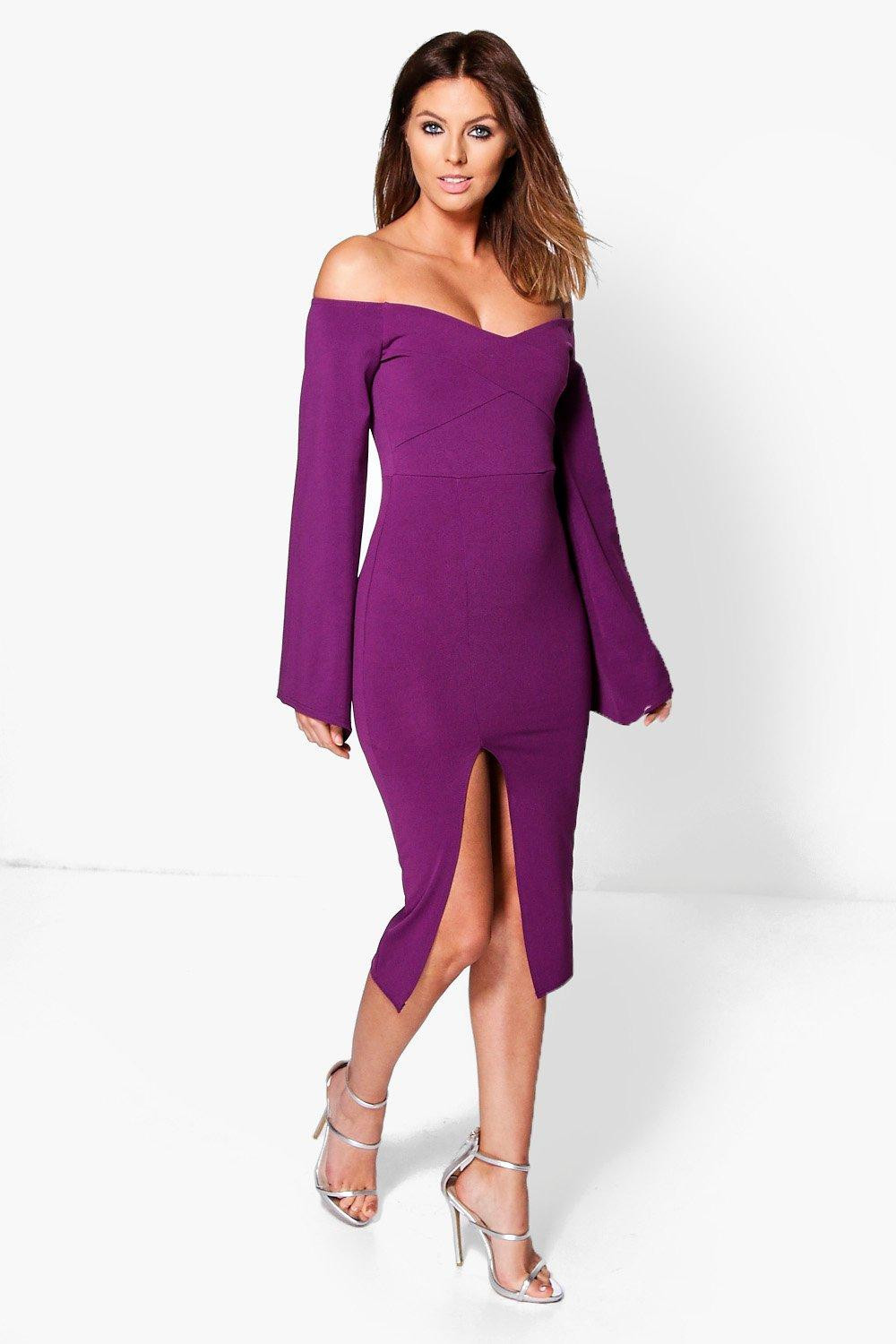 Cyra Off Shoulder Flute Sleeve Midi Dress | Boohoo.com (US & CA)