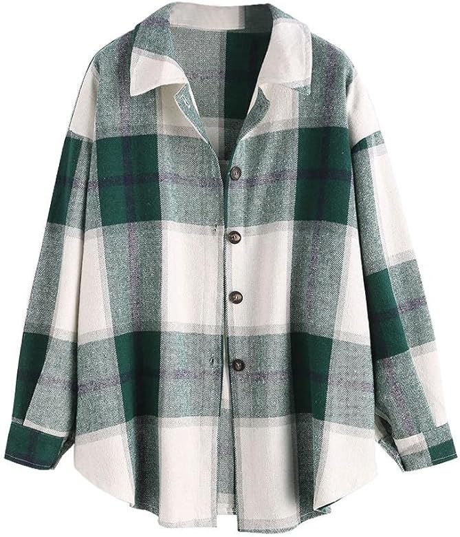 ZAFUL Women's Plaid Long Sleeve Shirt Button Down Wool Blend Thin Jacket Casual Blouse Tops with Poc | Amazon (US)