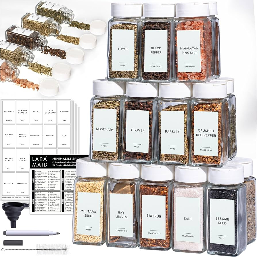 Laramaid 4oz 36Pack Glass Jars with 304 Minimalist White Premium Spice Labels, White Plastic Shak... | Amazon (US)