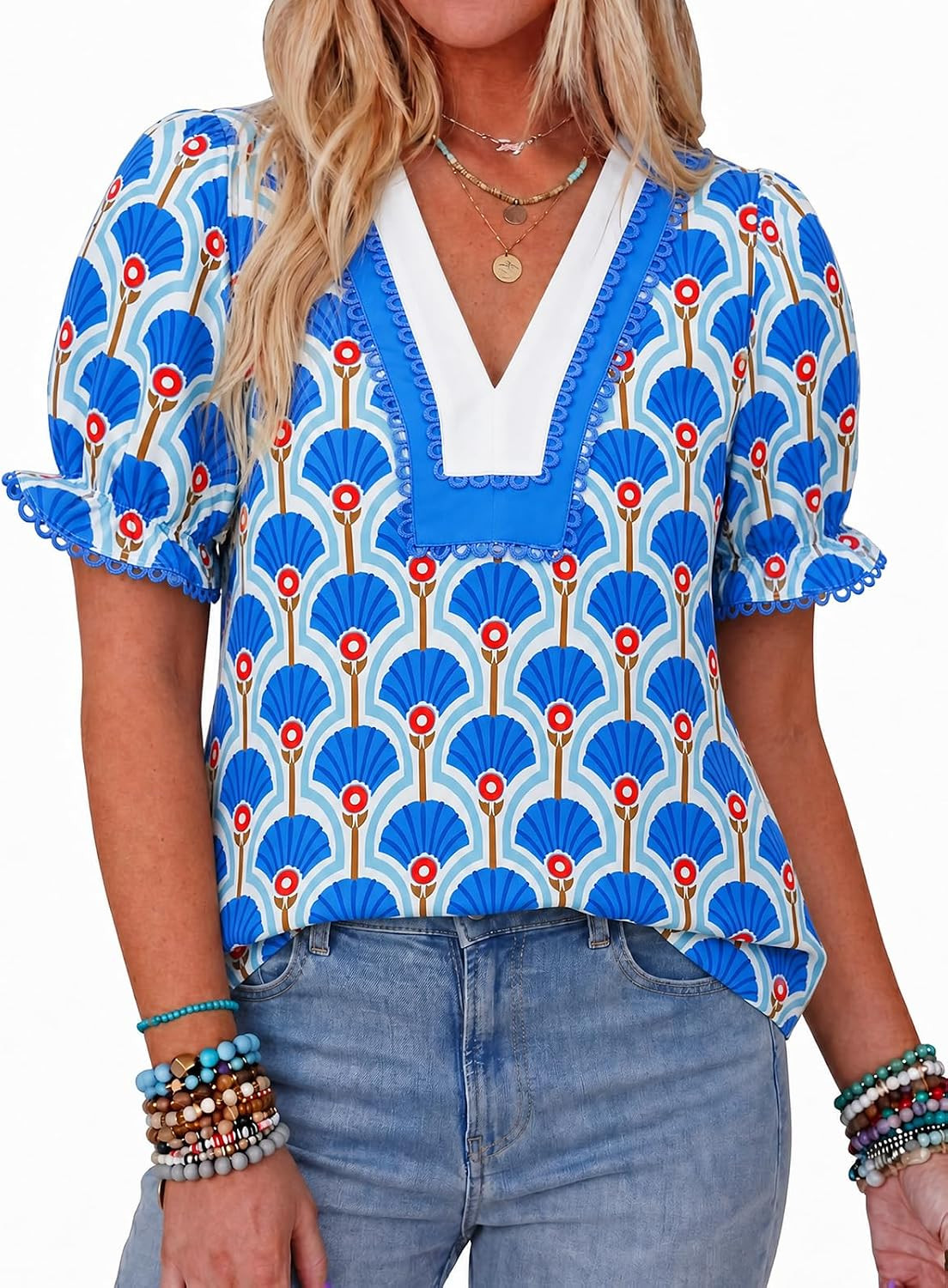 Tankaneo Womens Puff Sleeve Floral Blouse Tops Summer V Neck Shirt Boho Tee | Amazon (US)